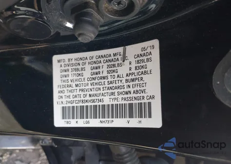 2019 Honda Civic Sport из США, поврежденный, VIN 2HGFC2F83KH567345